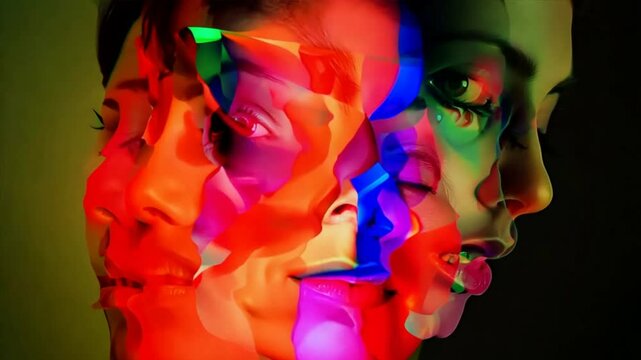 Multiple fictional faces in profile that intersect, muliple personalities in bright colors, chizophrenia, dissociative disorder or splitting in borderline concept.