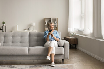 In fashionable cozy living room mature woman sit on sofa with smartphone, looks away, exchanging messages with family, enjoy modern device usage for online communication, make call on leisure at home