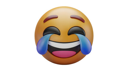 3D-rendered image of the "Face with Tears of Joy" emoji, featuring a yellow face with closed eyes, raised eyebrows, and large teardrops flowing from laughter