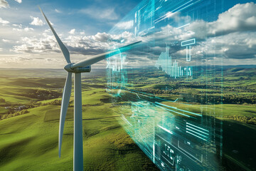 Wind turbine in a green landscape with digital data overlay, illustrating advanced renewable energy technology and smart grid integration