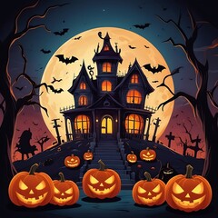 Evil pumpkins Halloween Night Scene with Bats and Haunted House, Halloween haunted mansion Halloween scary scene, Halloween house, Halloween night scene with castle