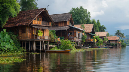 Water Village Serenity: A picturesque row of traditional wooden houses on stilts, nestled along a tranquil lake, evokes a sense of peace and tranquility in this serene, idyllic landscape. The lush gre