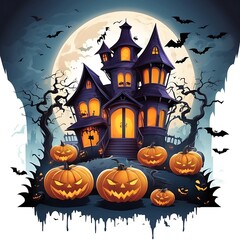Evil pumpkins Halloween Night Scene with Bats and Haunted House, Halloween haunted mansion Halloween scary scene, Halloween house, Halloween night scene with castle
