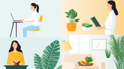 Fototapeta premium A woman is shown enjoying a balanced lifestyle, seamlessly transitioning between moments of focused work at her desk, an outdoor exercise session, savoring a healthy meal with fres