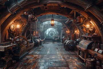 Pirate ship deck scene featuring steering wheel, cannons, mast with black sails, and captain s gear