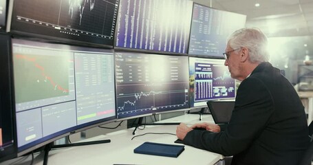 Business, man and thinking with computer of stock market, financial planning and investment performance. Mature trader, digital cryptocurrency and chart numbers, graph analysis and trading decision