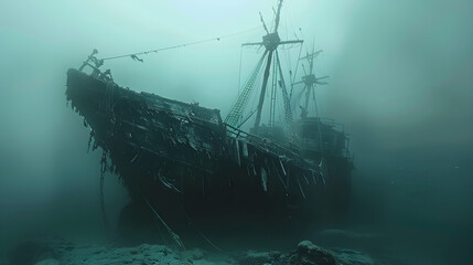 A spooky shipwreck with shadowy figures of ghostly sailors haunting the abandoned vessel at sea.