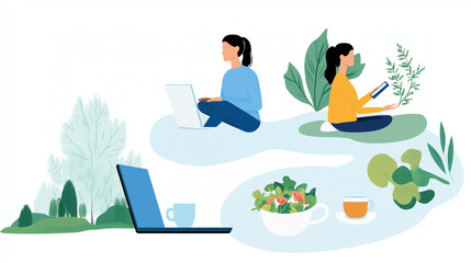 Fototapeta premium A woman captures various aspects of her day, from a productive work session at her laptop to a serene yoga practice outdoors. She enjoys a nutritious salad for lunch, emphasizing h