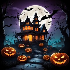 Evil pumpkins Halloween Night Scene with Bats and Haunted House, Halloween haunted mansion Halloween scary scene, Halloween house, Halloween night scene with castle