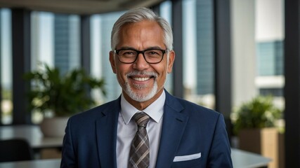 Fototapeta premium A confident senior businessman wearing glasses and a suit smiles in a modern office environment with large windows and plants. 
