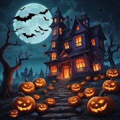 Evil pumpkins Halloween Night Scene with Bats and Haunted House, Halloween haunted mansion Halloween scary scene, Halloween house, Halloween night scene with castle