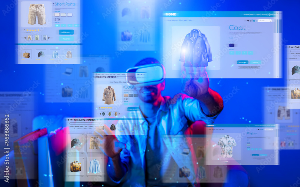 Aufkleber caucasian man choosing and selecting product for shopping list while wearing visual reality goggles.