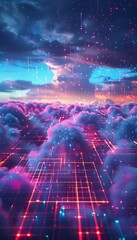 photo of neon glowing cube lines intertwined with fluffy twilight clouds a dark background