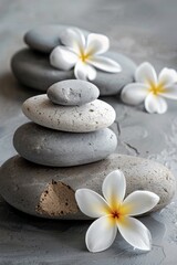 Spa stones adorned with frangipani flowers set against a serene grey background, capturing