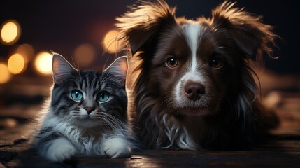 Obraz premium Portrait of Happy dog and cat that looking at the camera together isolated on transparent background, friendship between dog and cat, amazing friendliness of the pets.