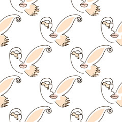 Woman face Continuous line seamless pattern. Abstract Female portrait with Butterfly. Drawing vector Wallpaper, fabric, wrapping paper, card, poster