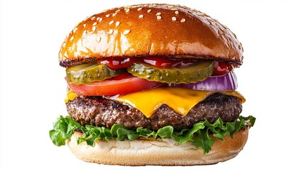 A juicy beef burger and some crispy french fries sit on a wooden table, against a dark background. 