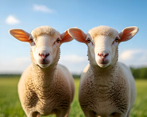 Obraz premium Two adorable sheep stand side by side in a lush green field under a bright blue sky, showcasing their fluffy wool and curious faces.
