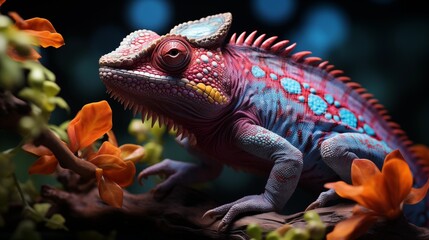 Fototapeta premium realistic multicolored chameleon with iridescent skin in speckles sitting on branch of a bush over black background