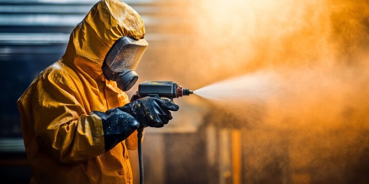 A skilled technician in protective gear applies bright orange coating with a spray gun on machinery, managing the process to ensure the final output meets safety and quality standards