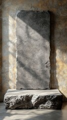 An empty concrete podium in a modern interior, showcasing a gray slab, illuminated by soft natural light.