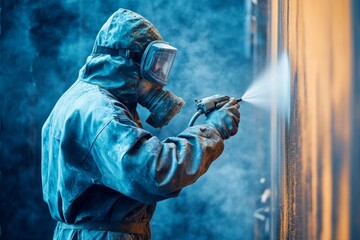 A skilled technician in a modern steel manufacturing facility expertly uses a spray gun to apply paint coatings, ensuring high quality and crucial corrosion protection during the process