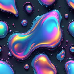 A vibrant abstract design featuring colorful, glossy blobs on a dark background.