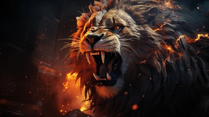 Roaring mighty fantasy lion with flames and glowing lights
