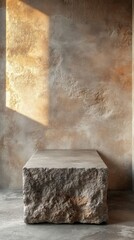A minimalistic concrete showcase sits empty against a textured, warm-toned wall, illuminated by soft natural light.