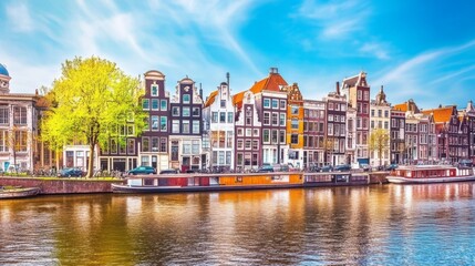 Naklejka premium Vibrant Amsterdam Canal Scene