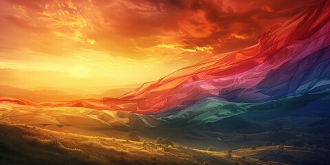 Surreal landscape blending with the LGBTQ flag