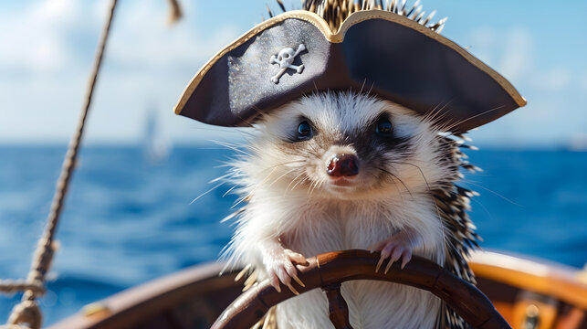 Adorable hedgehog in pirate attire sailing the high seas with a hat and eyepatch.