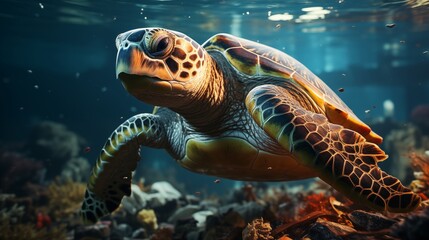 Fototapeta premium Sea turtle swims littered with plastic waste. Ocean pollution.
