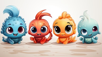 Obraz premium Sea animals - cute Crab lobster, Dolphin, Turtle, Seahorse and Fish, simple thick lines kids or children cartoon coloring book pages. Clean drawing can be vectorized to illustration.