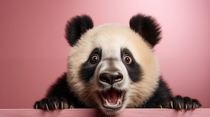 Obraz premium Shocked panda with big eyes isolated on pink background, funny animal expression, cute and surprised face