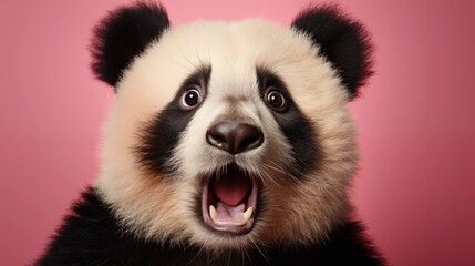 Shocked panda with big eyes isolated on pink background, funny animal expression, cute and surprised face
