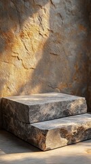A clean granite showcase platform, designed for a marketplace display, illuminated by soft natural light against a textured wall.