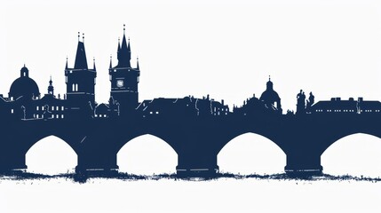 Obraz premium Silhouette of Charles Bridge in Prague with historic buildings and tower clock in background