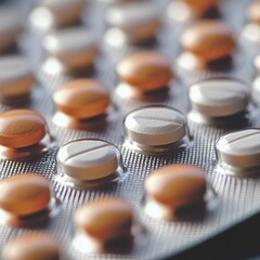 Close-up view of orange and white tablets in blister packaging