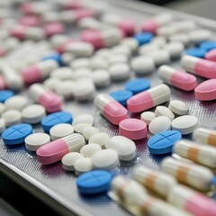 Colorful assortment of tablets and capsules on a pharmacy counter