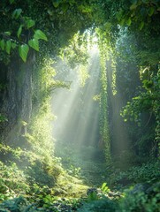 Sunlight streams through lush greenery in serene forest setting