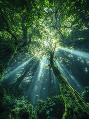 Fototapeta premium Sunbeams filtering through lush green trees in a tranquil forest