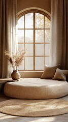 Fototapeta premium A serene, cozy seating area with a round sofa, soft cushions, and a flower vase under a large window for marketplace.