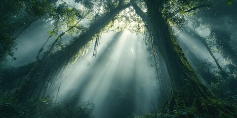 Sunlight filtering through dense trees in a misty forest at dawn