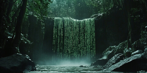 Digital Waterfall with Glowing Matrix Effects