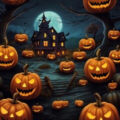 Evil pumpkins Halloween Night Scene with Bats and Haunted House, Halloween haunted mansion Halloween scary scene, Halloween house, Halloween night scene with castle