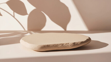 Obraz premium Abstract empty beige stone with leaves shadows on beige background. Soft light, serene and natural atmosphere. Minimalism concept