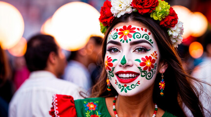 Portrait of a young woman with traditional Cinco de Mayo face paint featuring colorful floral patterns. Festive Mexican dress and a flower crown, smiling joyfully against a softly blurred background