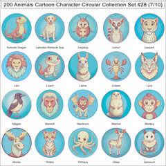 Animals Cartoon Character Circular Collection Set of 200 Isolated Animals Part 7