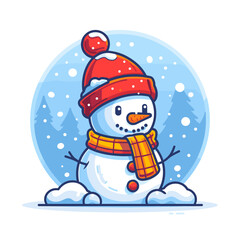 Fototapeta premium Snowman in red hat, scarf and mittens. Vector illustration.